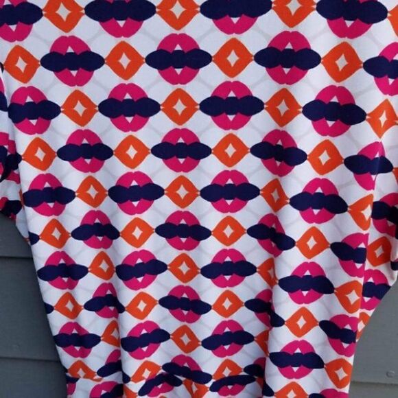 Leota Faux Wrap Dress in Navy, Pink, Orange Print See Measurements - Picture 4 of 7